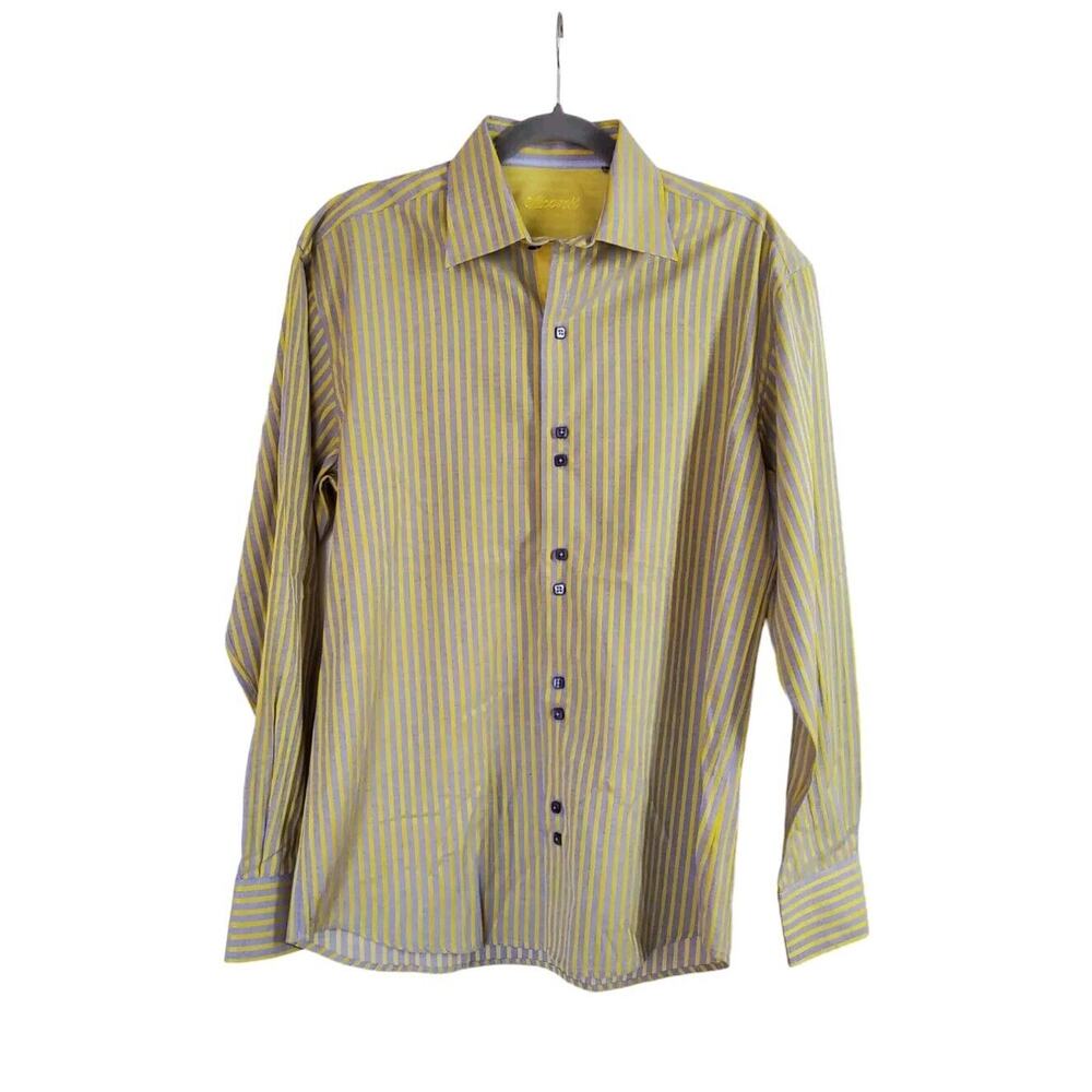 Visconti Striped Yellow/Grey Paisley Cuff Square Button Classic Shirt, Sz Large